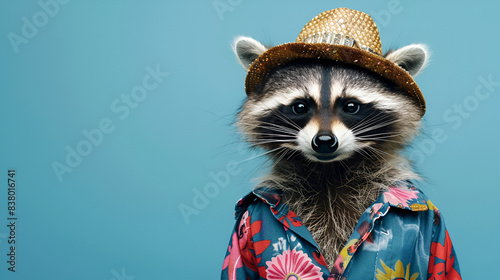 A friendly racoon in a hat on the blue background with a copy space