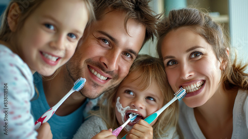 A family brushing their teeth together in the bathroom, promoting the significance of daily dental hygiene practices for all ages