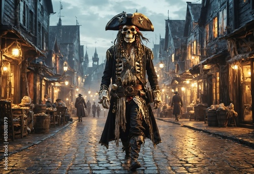 A skeleton pirate with a tricorn hat walks through a cobblestone street in a port town.