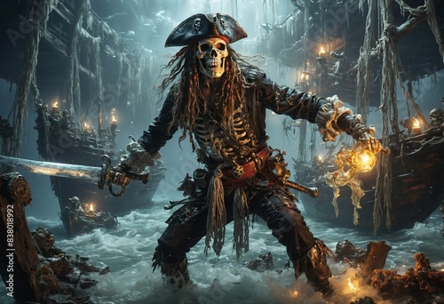 A skeletal pirate, wielding a glowing cutlass, stands amidst a ghostly shipwreck, fog enveloping the air.