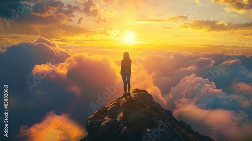 a young hiker woman standing on the top of a mountain at sunset looking to the horizon