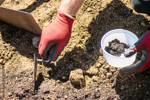 archaeologist's hand with a trowel picking up soil samples