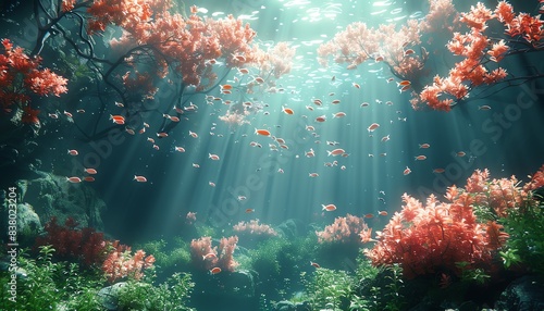 Vibrant coral reef underwater with sunlight beams