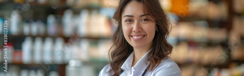 Portrait of young smiling woman, pharmacist at work, with blurred shelves of different medications. Professional occupation.