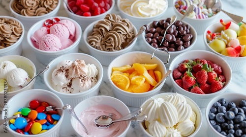 Ice cream sundae bar with various toppings like fruits, candies, and sauces, inviting guests to create their own personalized and delightful dessert creations 