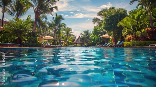 pool in resort with tropics in blue-green tones