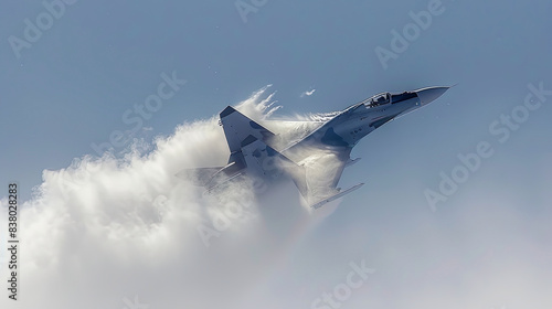 A jet is flying through the sky, leaving a trail of white smoke behind it