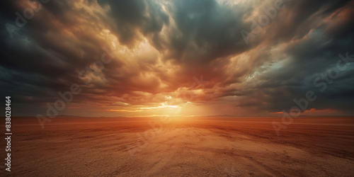 a vast desert landscape with dramatic clouds