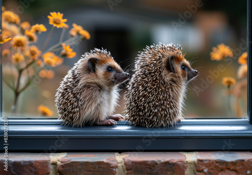 Two small hedgehogs sitting on window sill