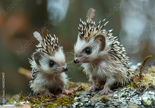 Two young hedgehogs are standing on stump in the forest.
