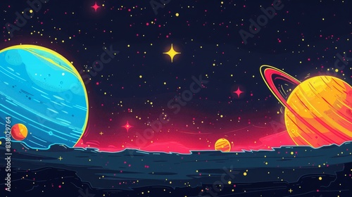  breathtaking view colorful galaxy space and planets set on dark background illustration, colorful planetary satellites on a black background
