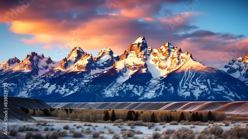 Panoramic view of the snowy mountains at sunset in Patagonia, Argentina