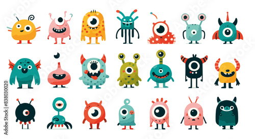 A collection of 21 colorful, cartoon-style monster illustrations featuring various unique designs and expressions, set against a white background