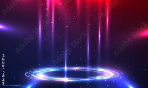 Neon Sci Fi futuristic circle portal. Teleport podium, display, stage technology with light and sparkles. Hi-tech technology design for showcase. Cyberpunk style. Digital HUD GUI UI. Tech Vector EPS10