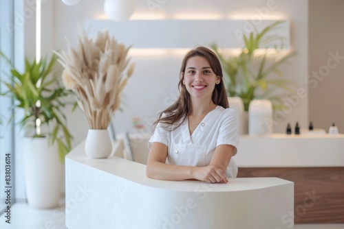 smiling diverse female receptionist at beauty salon or sales person at cosmetics store at reception desk