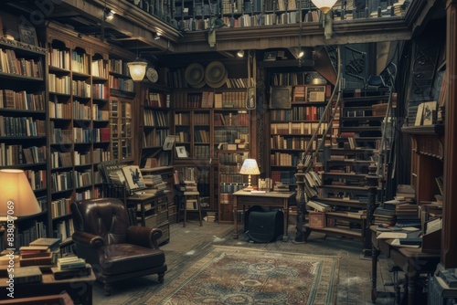 vintage books in library interior design - cozy bookstore inside view