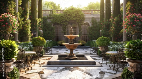 An elegant patio with marble flooring, wrought iron furniture, and a grand fountain centerpiece surrounded by manicured hedges and topiaries.