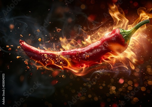 A red pepper is on fire and surrounded by smoke