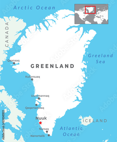 Greenland Political Map with capital Nuuk with most important cities