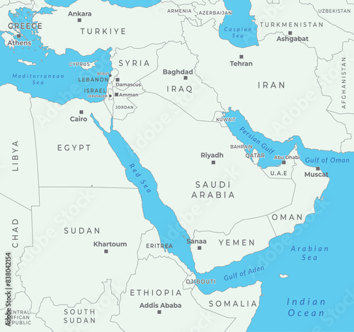 Middle East, political map countries with capitals and international borders