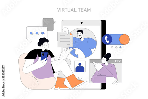 Virtual Team collaboration. Vector illustration.