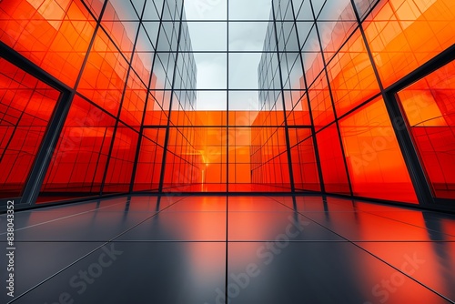 Abstract modern architecture with glass and steel structures.