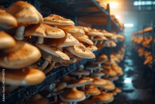 Rows of cultivated mushrooms growing on shelves in a dimly lit indoor farm, showcasing organic farming and sustainable agriculture practices.