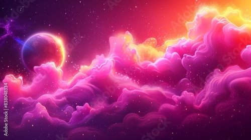 breathtaking view neon color galaxy space and planets set on dark background illustration with glowing color, glowing neon color planetary satellites on a black background