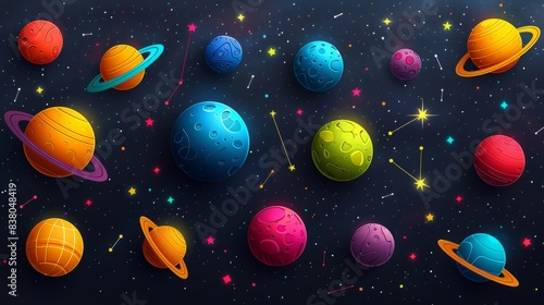 breathtaking view colorful galaxy space and planets set on dark background illustration, colorful planetary satellites on a black background