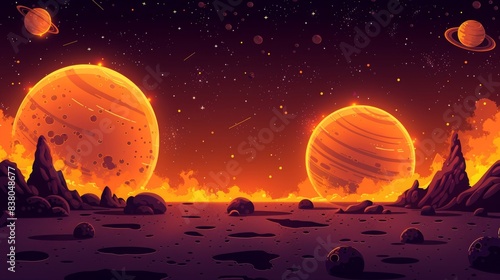 breathtaking view neon color galaxy space and planets set on dark background illustration with glowing color, glowing neon color planetary satellites on a black background