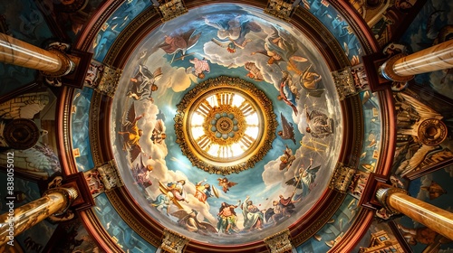 The magnificent ceiling and dome of the orthodox cathedral. Action. Bottom view of the church interior, concept of religion and architecture.