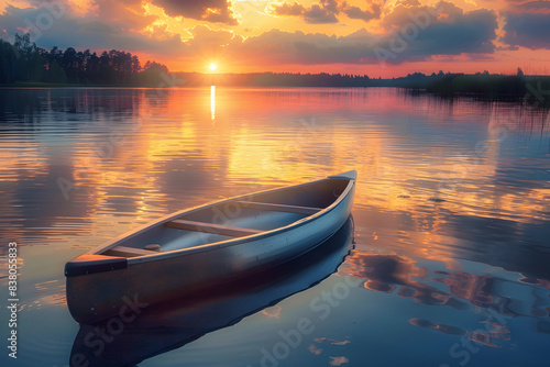 A serene sunset over a tranquil lake with a canoe gently floating on the water, warm colors reflecting on the surface, peaceful and calm