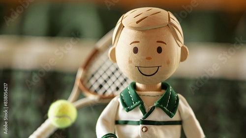 Wooden Male Tennis Player Doll, Smiling and Wearing White and Green Uniform