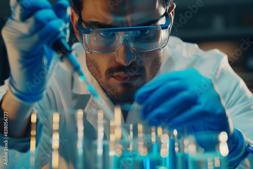 A close-up of a scientist in a lab, carefully pipetting liquid into test tubes, advanced research environment, focused and precise 