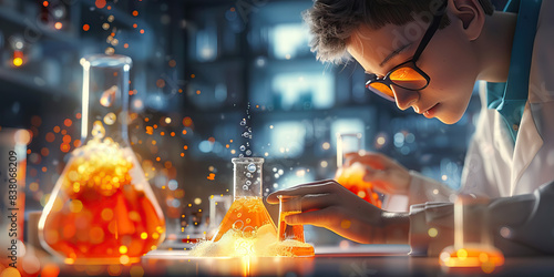 A young scientist diligently works at their lab bench, beakers bubbling and glowing as they reveal their latest discovery