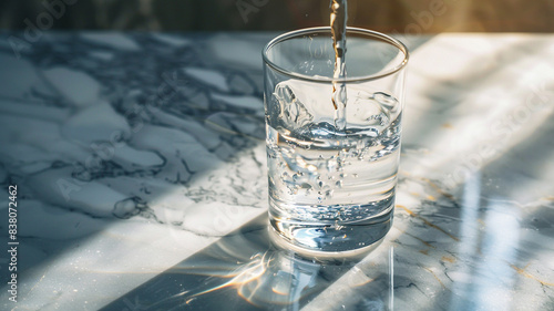 water being poured into a glass on a marble table