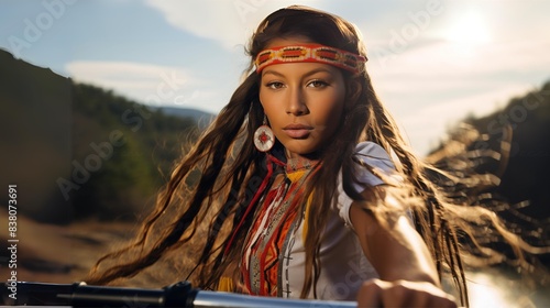 portrait of a native american girl dressed in traditional indian clothes posing on a bike; long haired woman and a landscape; outside pose 