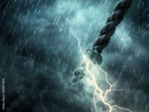 Dramatic image of a thick rope struck by lightning in the midst of a storm with heavy rain, highlighting the power and unpredictability of nature.