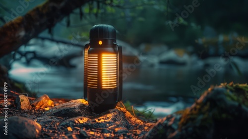 The portable camping lamp provides reliable lighting for outdoor adventures, with a rugged design built to withstand the elements.