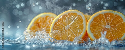 Refreshing lemon slices in icy water with steam and droplets in a captivating background