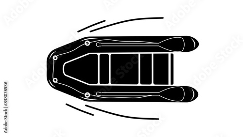 Inflatable boat, top view, black isolated silhouette