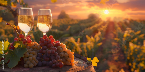 Wine Glass Grapes with glass in the fields of fruit with top view at the the time of sun rising 