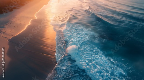 Beach scene at sunset, featuring gentle waves lapping against the shore