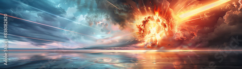 Illustrate the impact of a powerful meteor crashing into a serene lake, causing a dynamic explosion of water and reflections