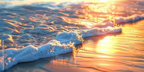 The gentle lapping of waves along a sandy shore at sunset creates ripples