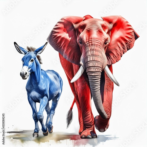 Illustrated watercolor caricature red elephant with a blue donkey
