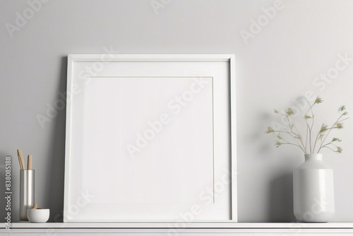 Imagen mínima de marco cuadrado blanco vacío simulada colgada sobre fondo de pared blanca con luz y sombra de ventana. aislar imagen 