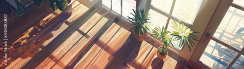 Visualize a top-down perspective of a sunny day outside a clear window, showcasing the varying values of sunlight and shadows in a crisp, realistic style