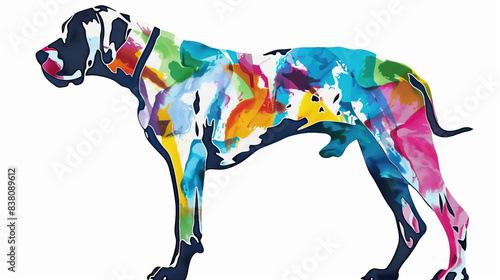 Simple, clear, artisanal stencil print style illustration of Great Dane dog isolated on white background. Stencilled graphic design, modern, minimalist, trendy, product, vibrant, colourful