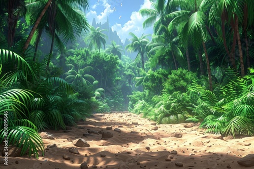 Lush Green Tropical Jungle Path On A Sunny Day